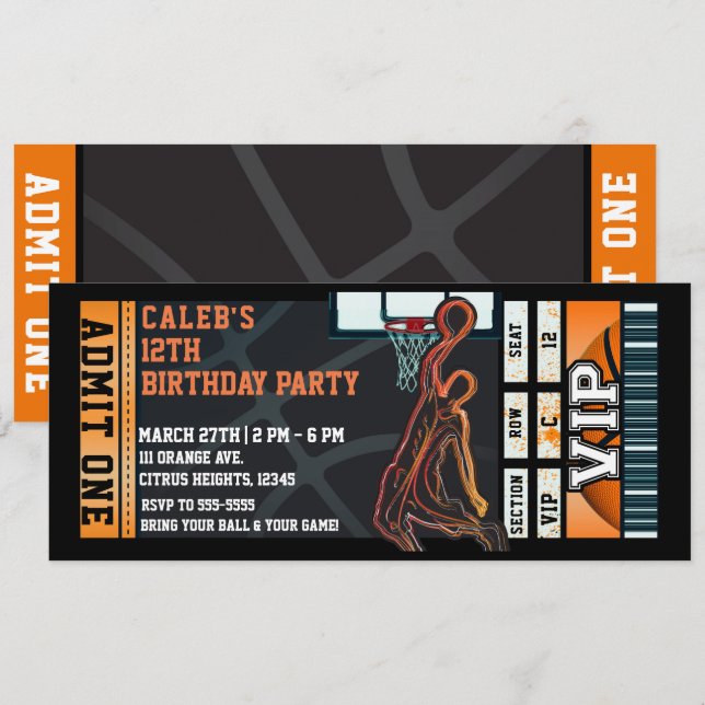 Basketball Birthday Party VIP Ball Game Ticket Invitation (Front/Back)