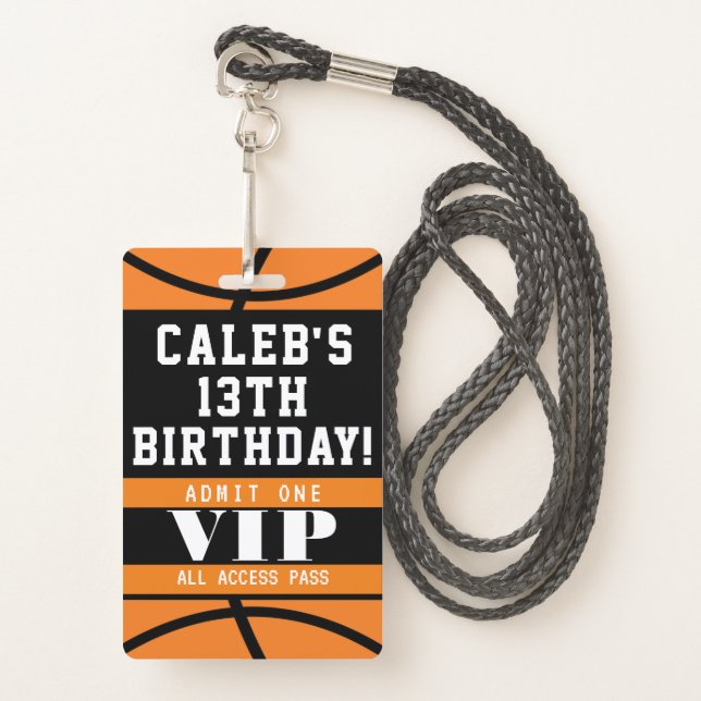 Basketball Birthday Party VIP Pass Badge (Front with Lanyard)