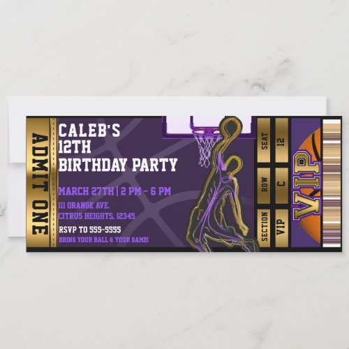 Basketball Birthday Party VIP Purple Gold Ticket  Invitation