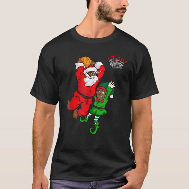 Basketball Black African American Santa Claus Dunk T-Shirt (Front)