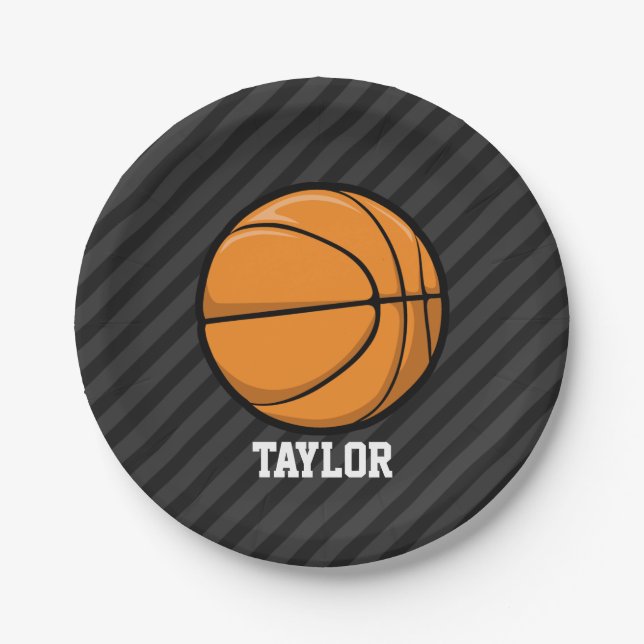Basketball; Black & Dark Gray Stripes Paper Plates (Front)