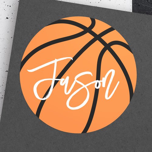 Basketball black orange custom name classic round sticker