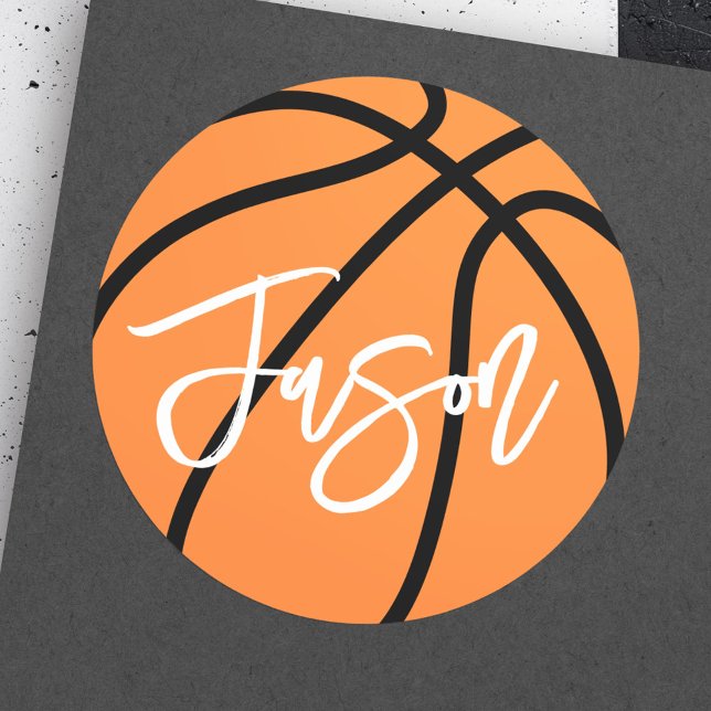 Basketball black orange custom name classic round sticker (Basketball black orange custom name classic round sticker)