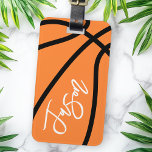Basketball black orange custom name luggage tag<br><div class="desc">Luggage tag featuring a basketball pattern and your name in white. All colors are customizable in the design tool.</div>
