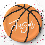 Basketball black orange custom name paper plates<br><div class="desc">Paper plate featuring a basketball in black and orange and your name in white. All colors are customizable in the design tool.</div>