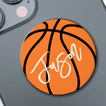 Basketball black orange custom name PopSocket<br><div class="desc">PopSocket featuring a basketball in black and orange and your name in white. All colors are customizable in the design tool.</div>