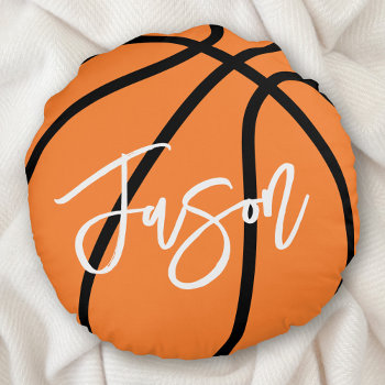 Basketball Black Orange Custom Name Round Pillow by PerfectlyCustom at Zazzle