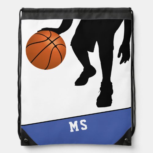 Basketball Black Player Silhouette Blue Monogram Drawstring Bag - Modern basketball black player silhouette blue monogram drawstring bag. Great for a boy or girl who loves basketball. Customize with your monogram, name or erase it.