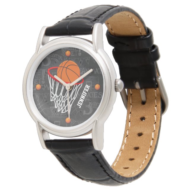 Basketball Black Vintage Leather Watch (Angled)