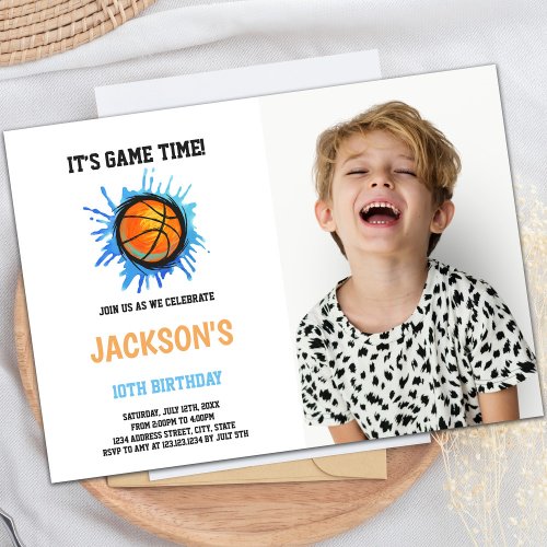 Basketball Blue Art Birthday Invitations w photo