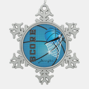 Basketball Blue Personalize Snowflake Pewter Christmas Ornament