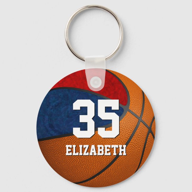 basketball blue red girls school team colors keychain (Front)