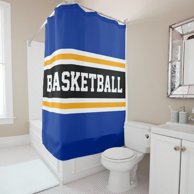BASKETBALL Bold Blue Black Orange Racing Stripes Shower Curtain (In Situ)