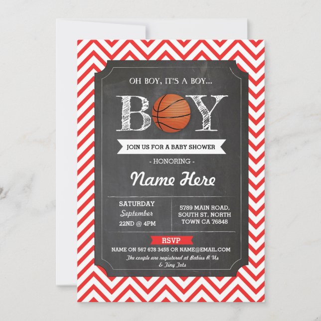 BasketBall Boy Baby Shower Red Chalk Sports Invite (Front)