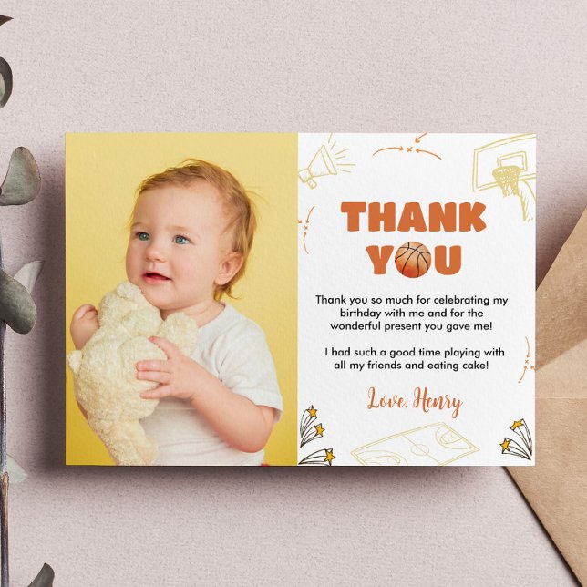 Basketball Boy Birthday Photo Thank You Card (Creator Uploaded)