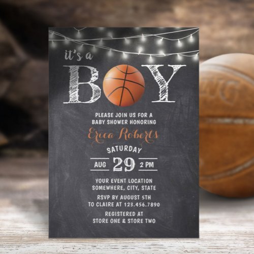 Basketball Boy Rustic Chalkboard Baby Shower Invitation