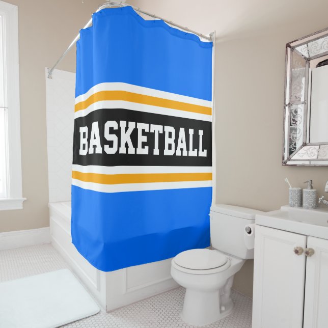 BASKETBALL Bright Blue Black Orange Racing Stripes Shower Curtain (In Situ)