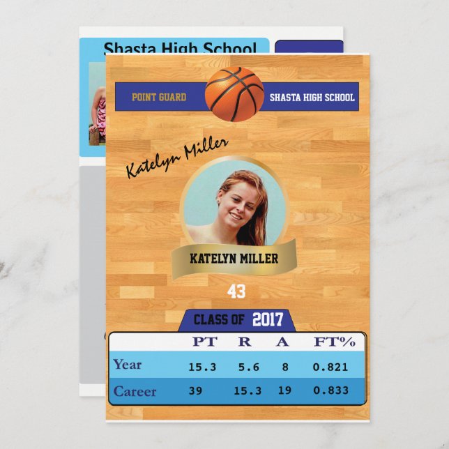 Basketball Card W/ Stats Grad Invitations - blue (Front/Back)