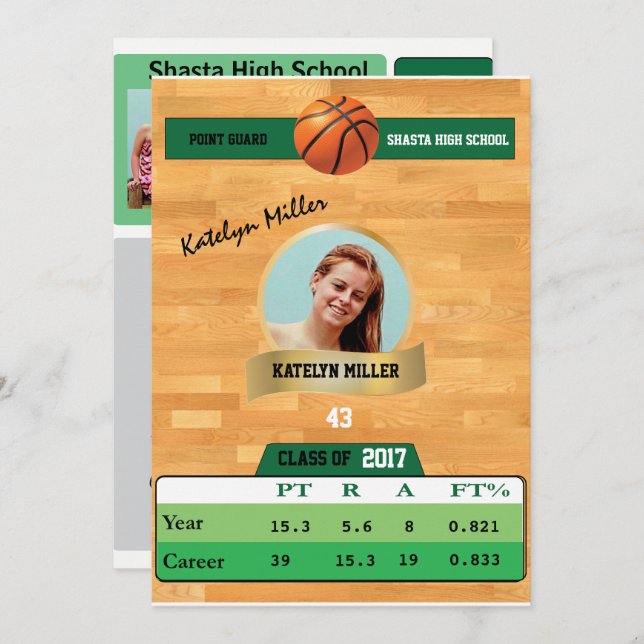 Basketball Card W/ Stats Grad Invitations - green (Front/Back)