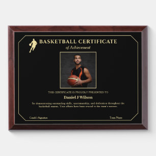 Basketball Certificate Photo Logo Gold Personalize Award Plaque