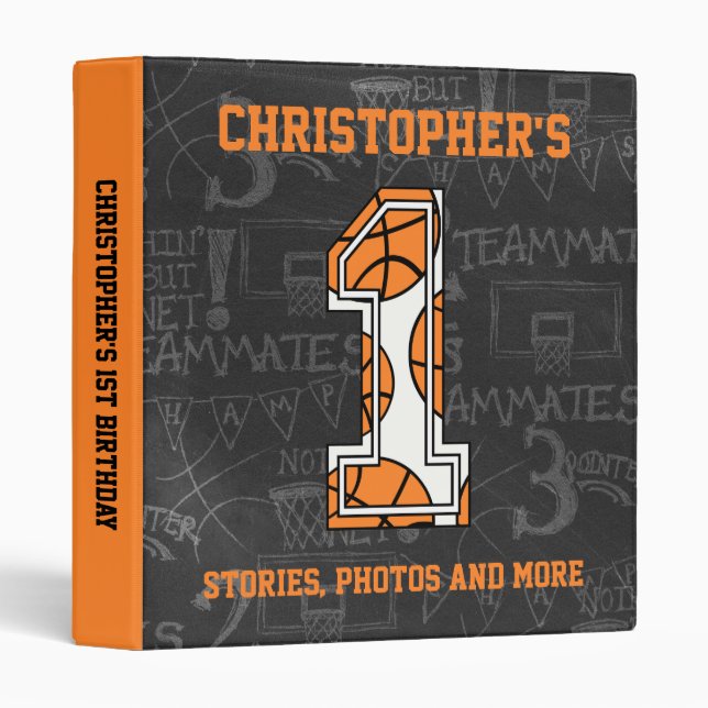 Basketball Chalkboard 1st Birthday 3 Ring Binder (Front/Spine)