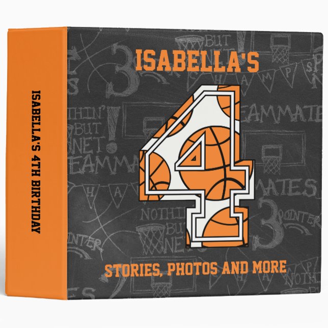 Basketball Chalkboard 4th Birthday 3 Ring Binder (Front/Spine)