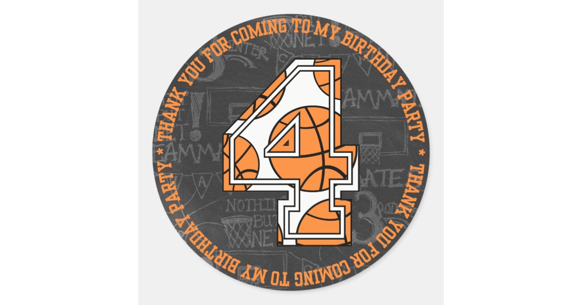 Basketball Chalkboard 4th Birthday Thank You Classic Round Sticker | Zazzle
