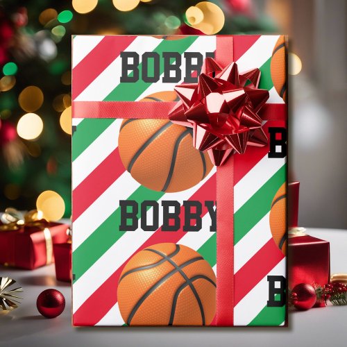 Basketball Christmas Add Name Stripe Red n Green Wrapping Paper