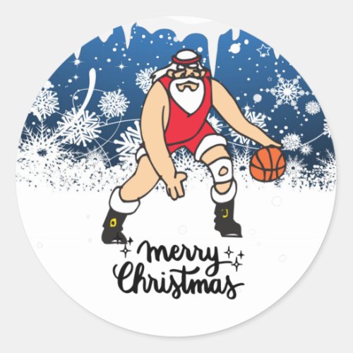 Basketball Christmas Holiday card with Santa Claus Classic Round Sticker