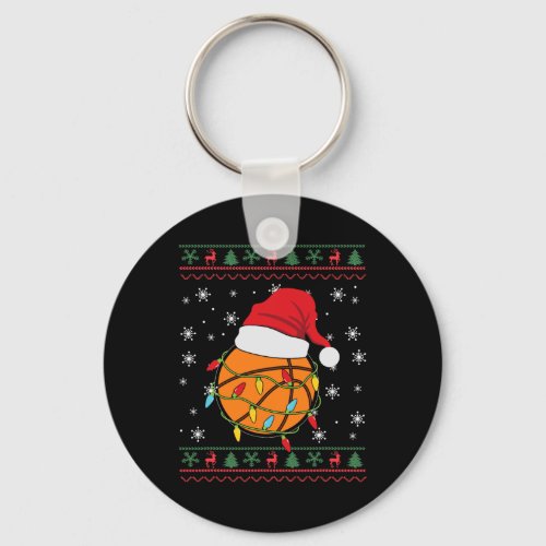 Basketball Christmas Lights Santa Hat Funny Xmas K Keychain