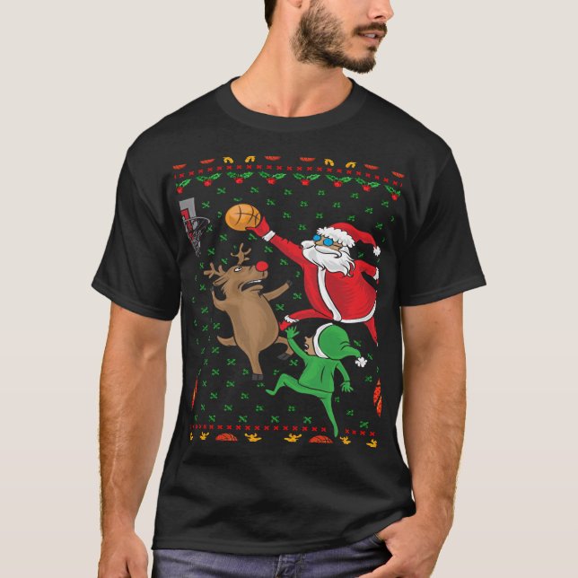Basketball Christmas Santa and Reindeer Long Sleev T-Shirt (Front)