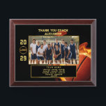 Basketball Coach Gift – Custom Photo & Team Names Award Plaque<br><div class="desc">Honor your coach with this bold and personalized basketball plaque featuring a dynamic flaming basketball background and a framed team photo at the center. The plaque includes a thank-you message, the coach’s custom name in bold gold text, the year, your team logo, and a list of player names and numbers....</div>