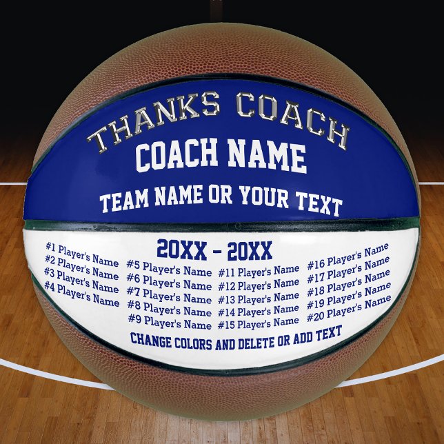 Basketball Coach Gifts, Personalized Basketball (Blue and White, BEST BASKETBALL COACH GIFTS. PHOTO and Personalized Basketballs. All Player's Names.)
