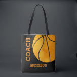 Basketball Coach Personalized Sports Vintage Retro Tote Bag<br><div class="desc">Basketball Coach Personalized Sports Vintage Retro Tote Bag. Black background with orange basketball. Coach written vertically and last name horizontally. Design on both sides. Customize to change background color from black to any other color. Great gift for your basketball coach. Basketball sports themed tote bag.</div>