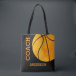 Basketball Coach Personalized Sports Vintage Retro Tote Bag<br><div class="desc">Basketball Coach Personalized Sports Vintage Retro Tote Bag. Black background with orange basketball. Coach written vertically and last name horizontally. Design on both sides. Customize to change background color from black to any other color. Great gift for your basketball coach. Basketball sports themed tote bag.</div>
