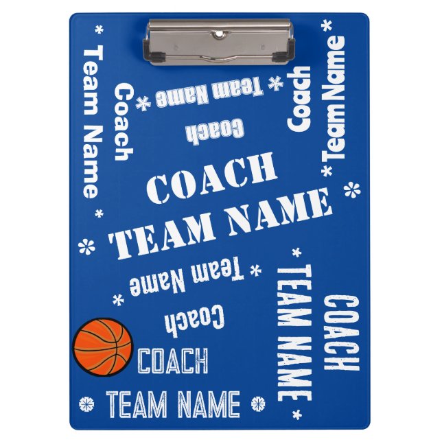 Basketball Coach Team Blue and White Personalized Clipboard (Front)