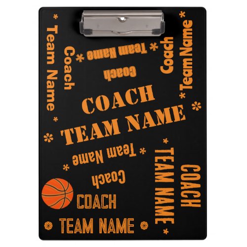 Basketball Coach Team Personalize Black and Orange Clipboard