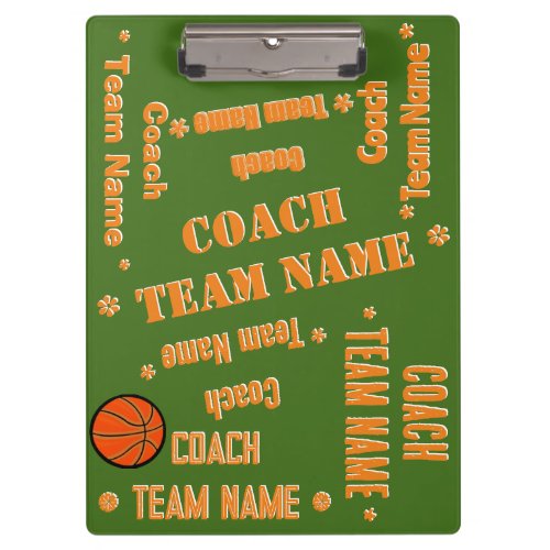 Basketball Coach Team Personalize Green and Orange Clipboard