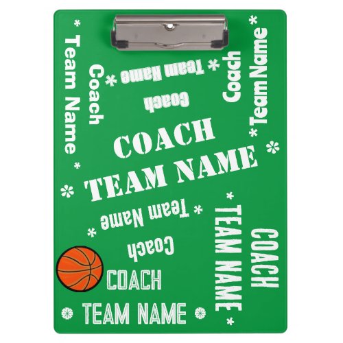 Basketball Coach Team Personalize Green and White Clipboard
