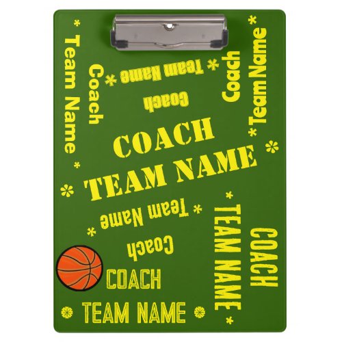 Basketball Coach Team Personalize Green and Yellow Clipboard