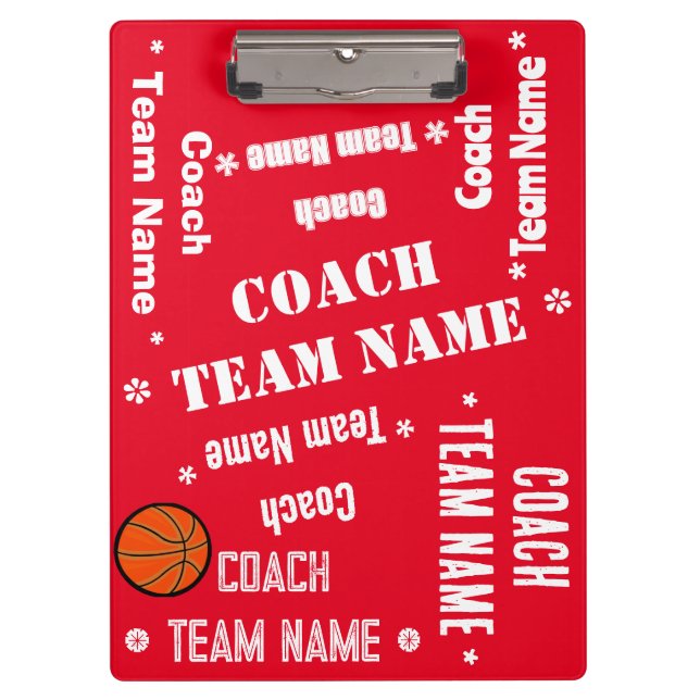 Basketball Coach Team Red and White Personalized Clipboard (Front)