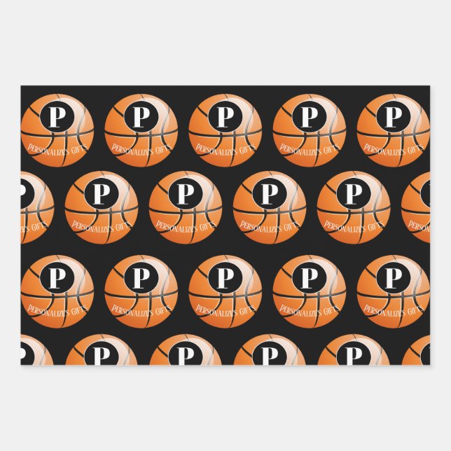 Basketball Custom Monogram Name Wrapping Paper Sheets (Front)