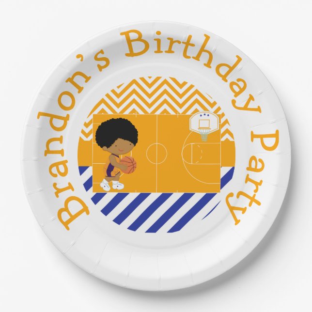 Basketball Cute African American Boy Paper Plates (Front)