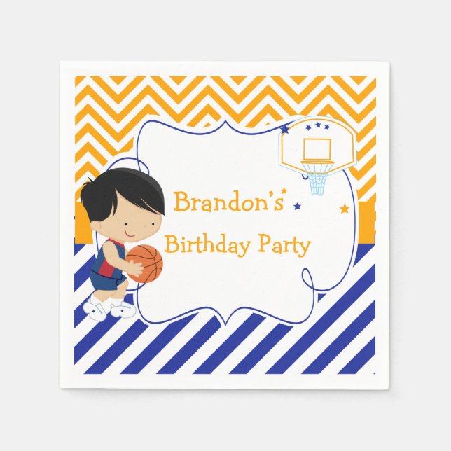 Basketball Cute Black Hair Boy Birthday Party Napkins (Front)