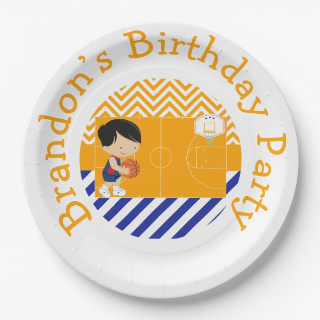 Basketball Cute Black Hair Boy Paper Plates (Front)