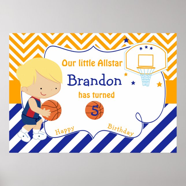 Basketball Cute Blonde Boy Birthday Poster (Front)