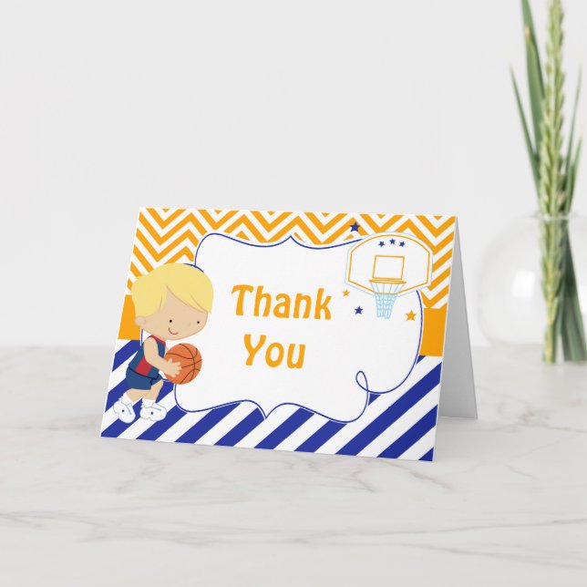 Basketball Cute Blonde Hair Boy Birthday Party Thank You Card (Front)