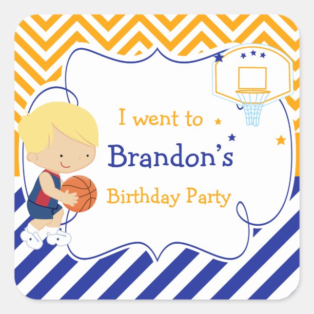 Basketball Cute Blonde Hair Boy 'I went to' Square Sticker (Front)