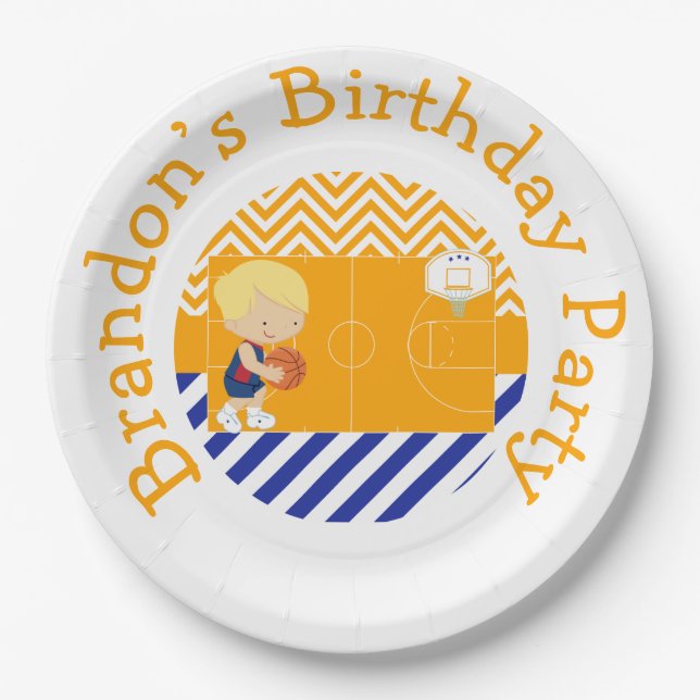 Basketball Cute Blonde Hair Boy Paper Plates (Front)