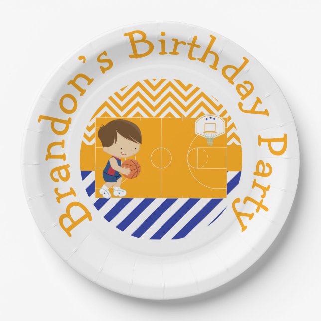 Basketball Cute Brown Hair Boy Paper Plates (Front)